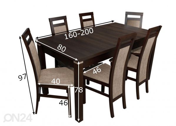 Jatkettava ruokapöytä 80x160-200 cm + 6 tuolia mitat