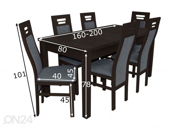 Jatkettava ruokapöytä 80x160-200 cm + 6 tuolia mitat