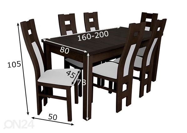 Jatkettava ruokapöytä 80x160-200 cm + 6 tuolia mitat
