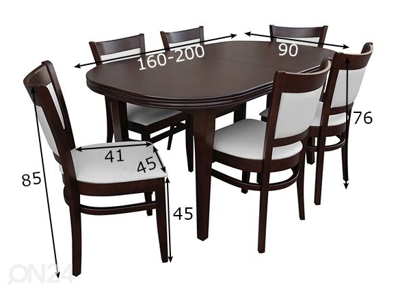 Jatkettava ruokapöytä 90x160-200 cm + 6 tuolia mitat