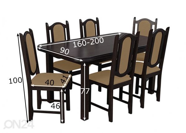 Jatkettava ruokapöytä 90x160-200 cm + 6 tuolia mitat