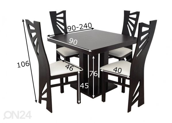 Jatkettava ruokapöytä 90x90-240 cm+ 4 tuolia mitat