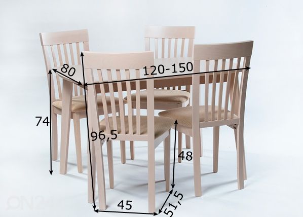 Jatkettava ruokapöytä Bari + 4 tuolia Modena, vaalea pyökki mitat