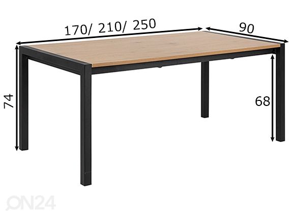 Jatkettava ruokapöytä Bicca 170/210/250x90 cm mitat
