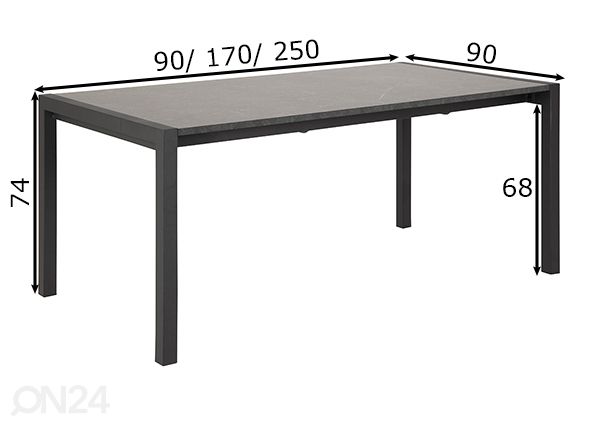 Jatkettava ruokapöytä Bicca 90/170/250x90 cm mitat