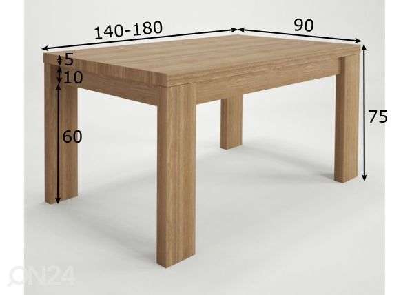 Jatkettava ruokapöytä Camton 140/180x90 cm mitat