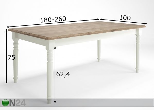Jatkettava ruokapöytä Cottage 180-260x100 cm mitat