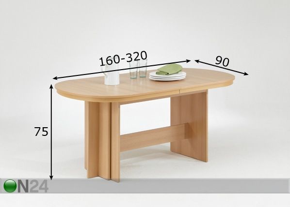 Jatkettava ruokapöytä MARY 90x160-320 cm mitat