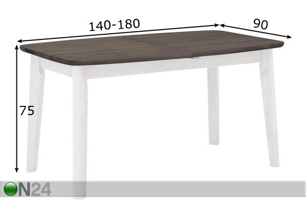 Jatkettava ruokapöytä Palermo 140-180x90 cm mitat