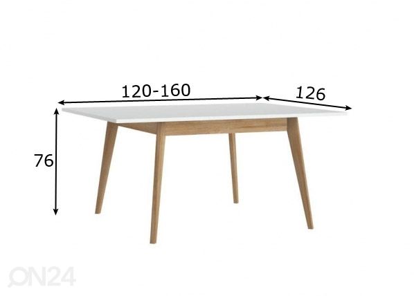 Jatkettava ruokapöytä Plissee 120/160x126 cm, valkoinen/ grandson mitat