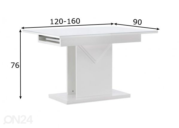 Jatkettava ruokapöytä Pluto 120/160x90cm mitat