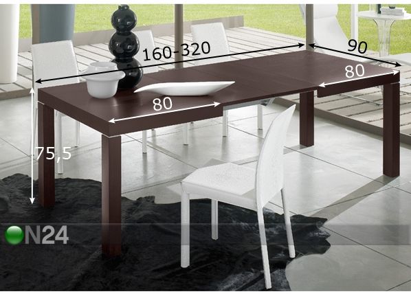 Jatkettava ruokapöytä SIRIO 90x160-320 cm mitat