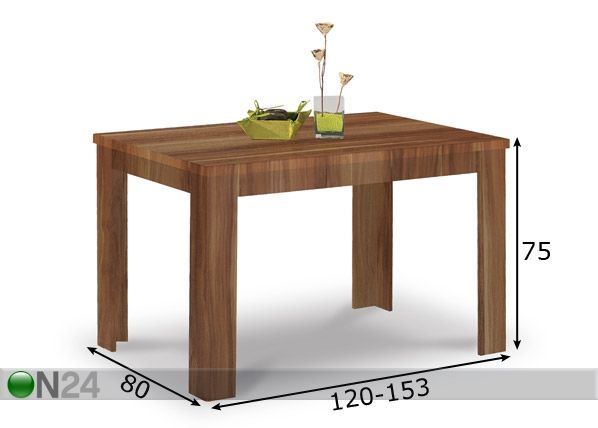 Jatkettava ruokapöytä STANDARD 80x120-153 cm mitat