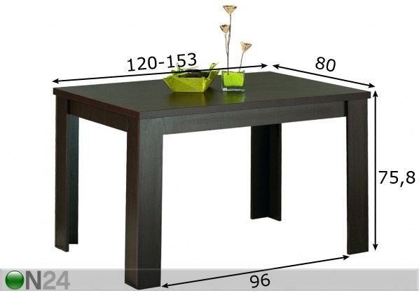 Jatkettava ruokapöytä STANDARD 80x120-153 cm mitat