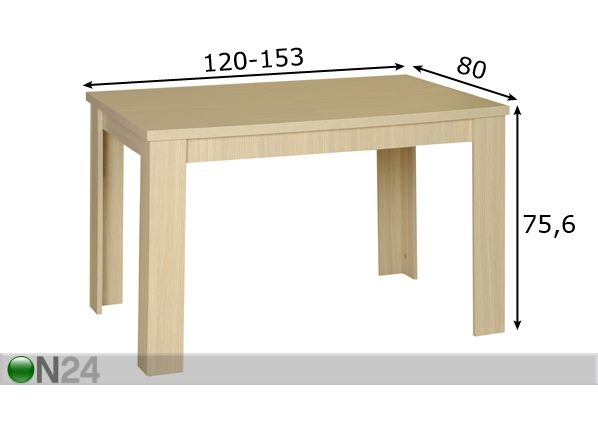 Jatkettava ruokapöytä STANDARD 80x120-153 cm mitat