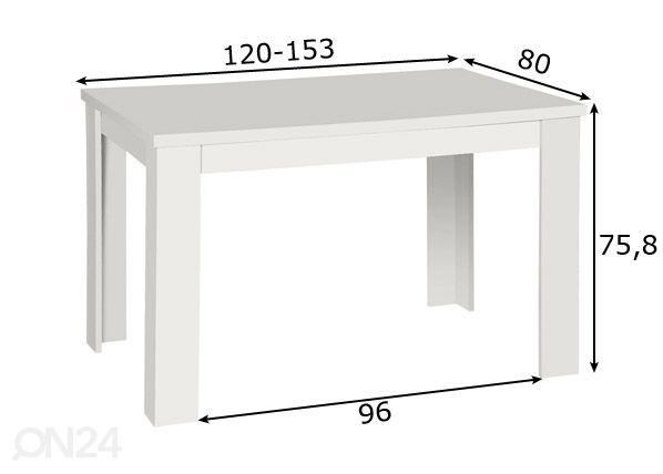 Jatkettava ruokapöytä STANDARD 80x120-153 cm mitat