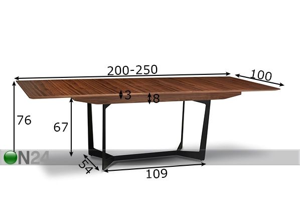 Jatkettava ruokapöytä TOKYO 200-250x100 cm mitat