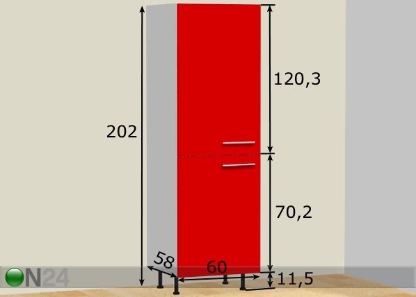 Kaappi integroitavalle jääkaapille 60xh202 cm mitat