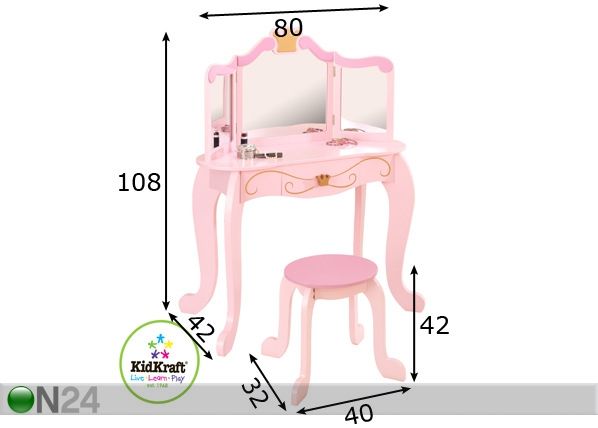 Kampauspöytä ja jakkara KidKraft PRINSESSA mitat