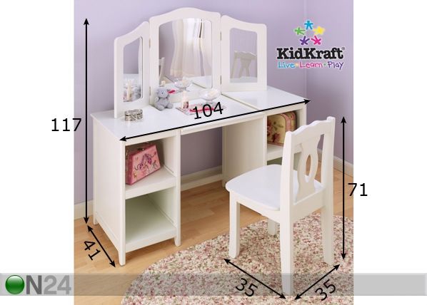 Kampauspöytä ja tuoli KidKraft MAKE-UP DELUXE mitat