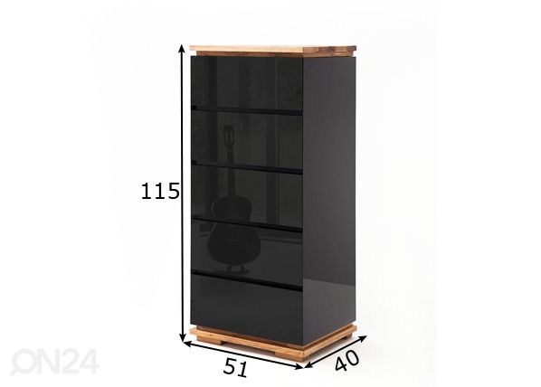 Kapea, korkea lipasto Chiaro 115 cm, musta korkeakiilto / tammi mitat
