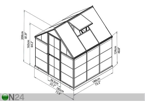 Kasvihuone Palram Hybrid 1,86x1,86 m, 3,44 m² mitat