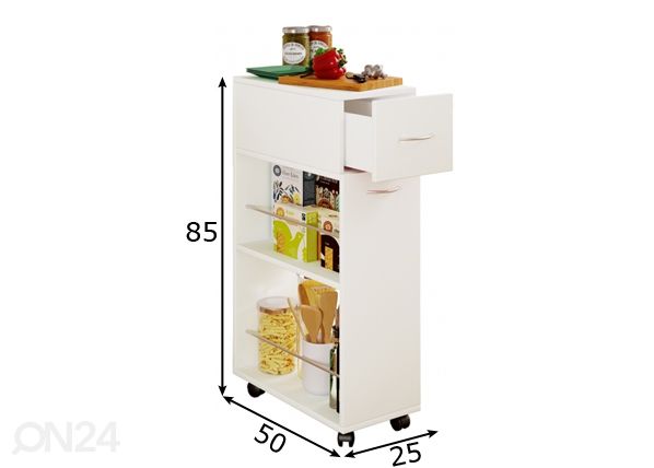 Keittiöhylly pyörillä ja laatikolla Tusal 25 cm mitat