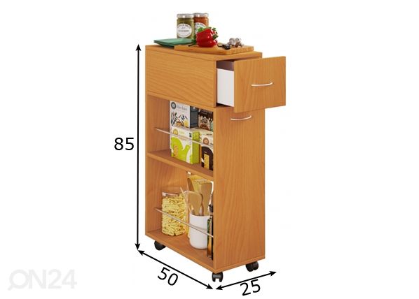 Keittiöhylly pyörillä ja laatikolla Tusal 25 cm mitat