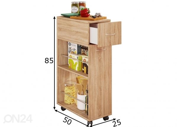 Keittiöhylly pyörillä ja laatikolla Tusal 25 cm mitat