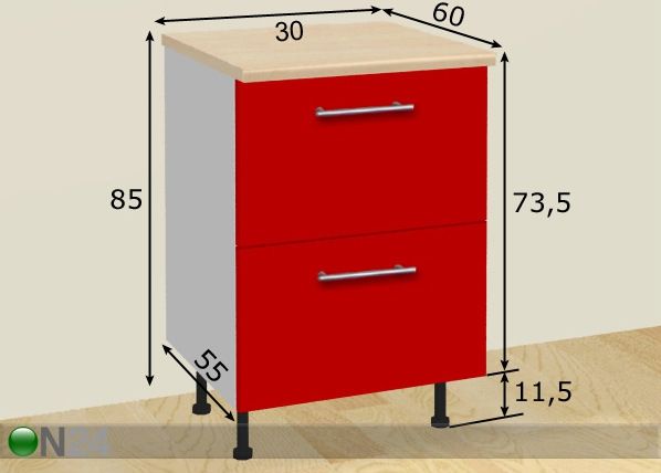 Keittiökaappi 2:lla laatikolla 30 cm mitat