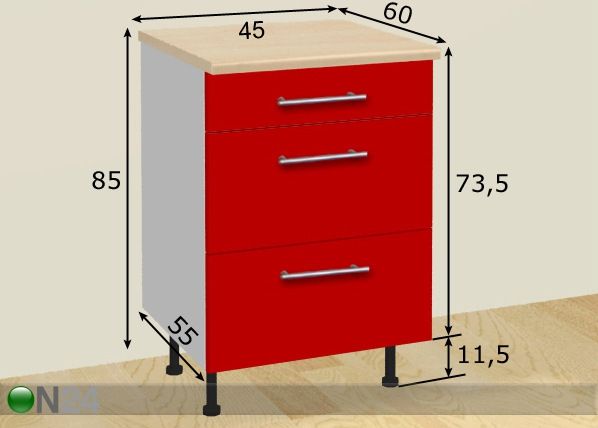 Keittiökaappi 3:lla laatikolla 45 cm mitat