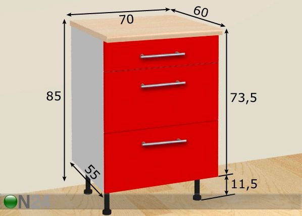 Keittiökaappi 3.lla laatikolla 70 cm mitat