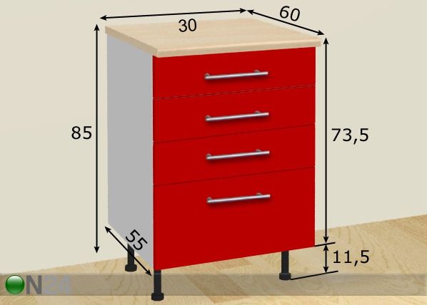 Keittiökaappi 4:llä laatikolla 30 cm mitat