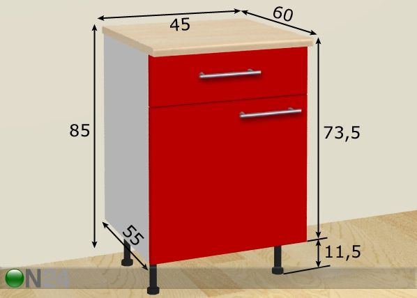 Keittiökaappi ovella ja laatikolla 45 cm mitat