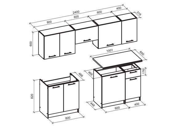 Keittiökalusteet Daria 240 cm mitat
