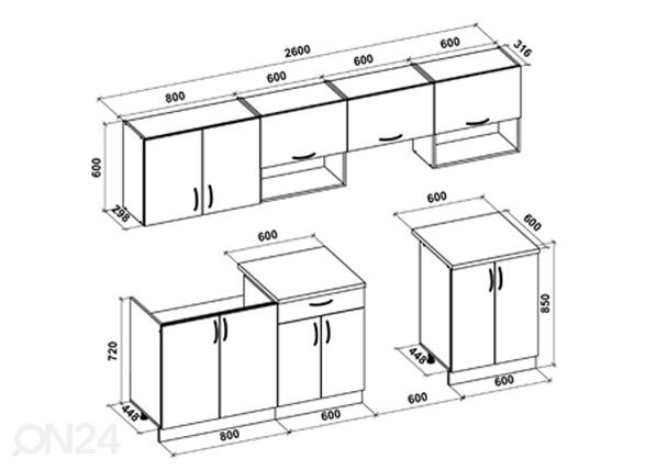 Keittiökalusteet Viola 260 cm mitat