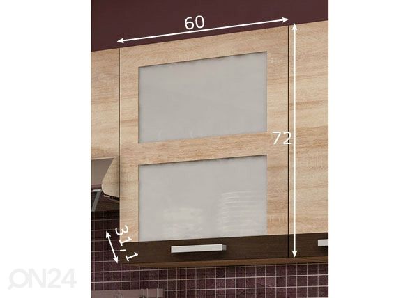 Keittiön lasiovinen yläkaappi 60 cm mitat