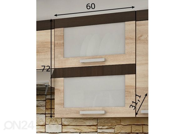Keittiön yläkaappi kahdella lasiovella 60 cm mitat