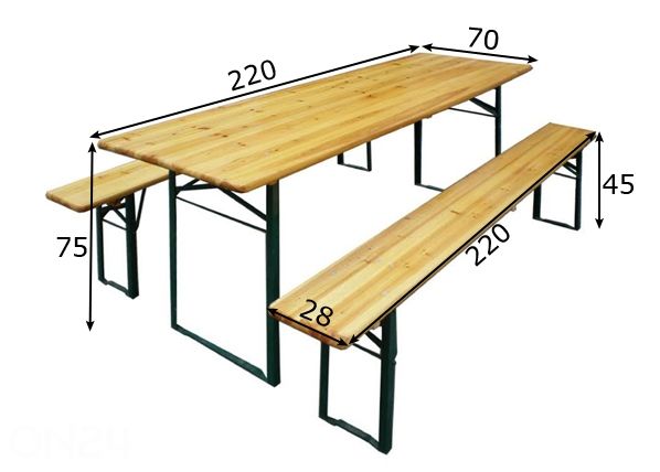 Kokoontaitettavat puutarhakalusteet, pöytä 70x220 cm + 2 penkkiä mitat