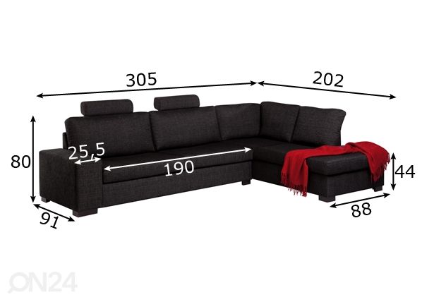 Kulmasohva Milan 3D mitat