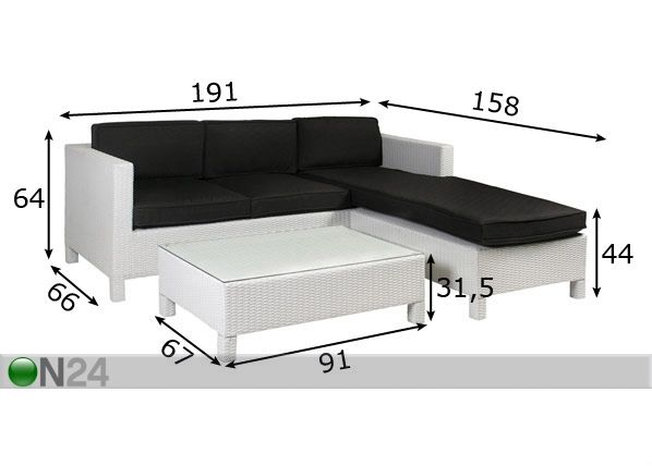 Kulmasohva+pöytä QUEENS mitat