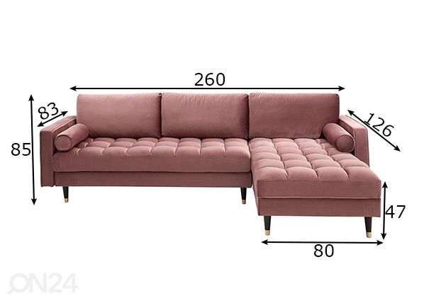 Kulmasohva Velvet II mitat