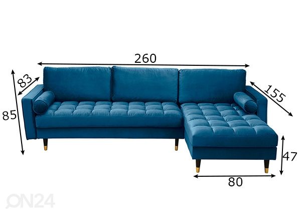 Kulmasohva Velvet II mitat