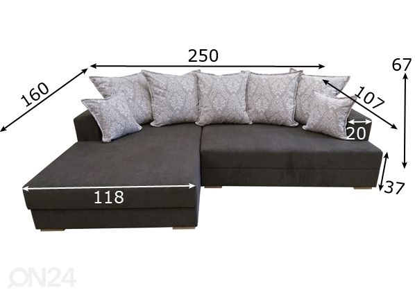 Kulmavuodesohva + 2 vuodevaatelaatikkoa Aada mitat