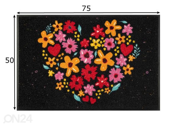 Kynnysmatto Flower Heart 50x75 cm mitat