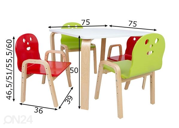 Lasten pöytä ja tuolit Happy mitat