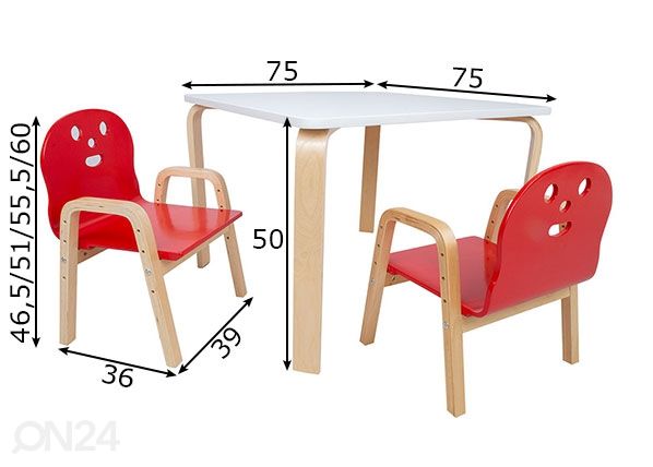 Lasten pöytä ja tuolit Happy mitat