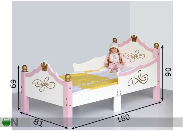 Lasten sänky + patja CINDERELLA valkoinen/vaaleanpunainen mitat