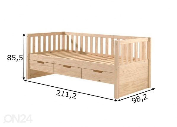 Lastensänky + 3 laatikkoa Fritz 90x200 cm, luonnollinen mänty mitat
