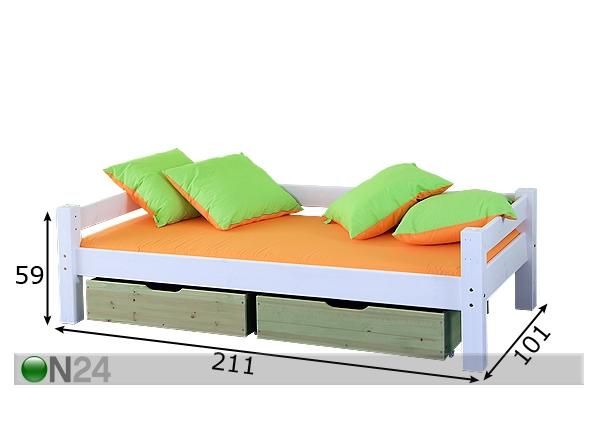 Lastensänky FÖÖNIKS 90x200 cm+vuodevaatelaatikot mitat